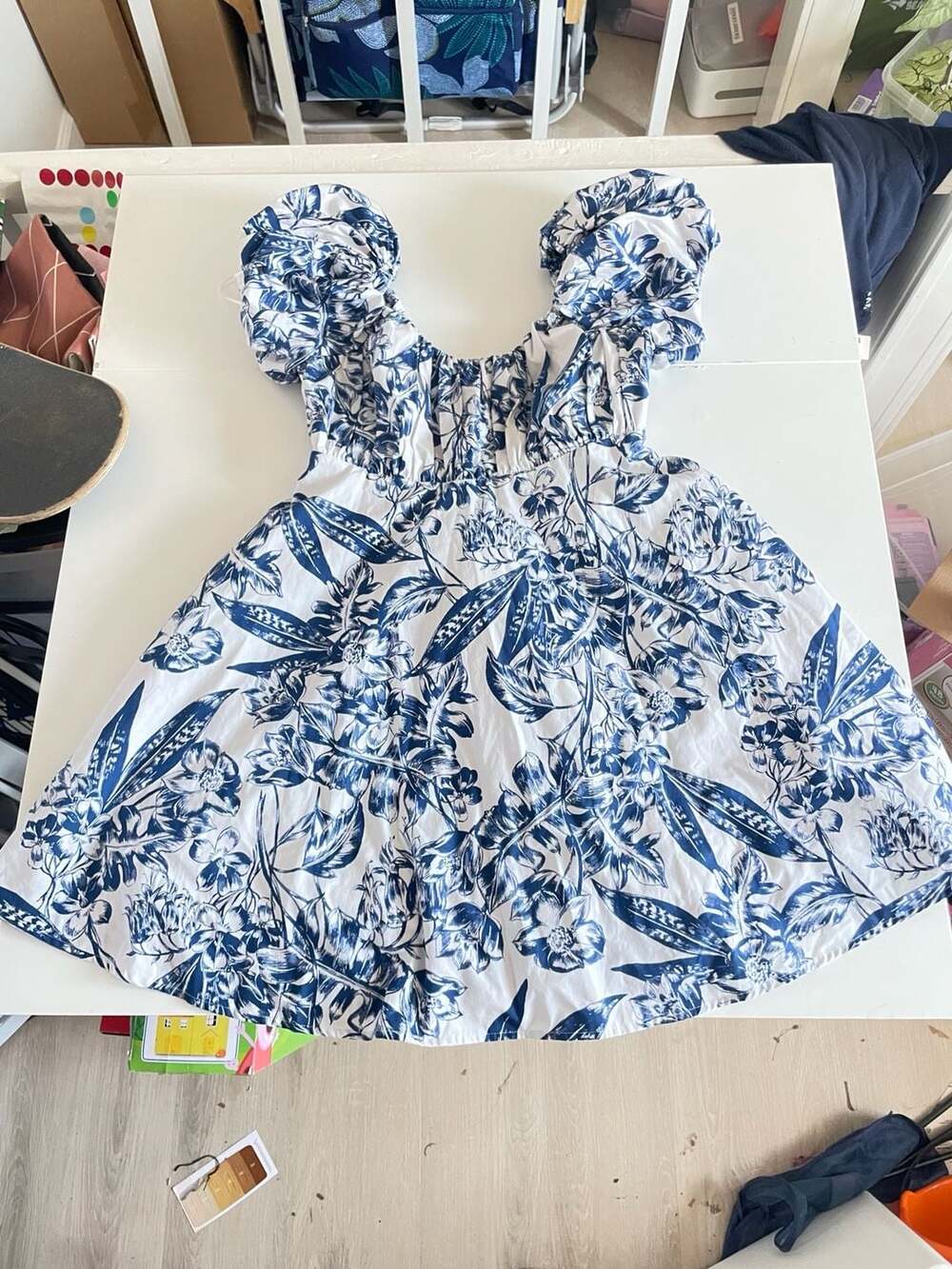 BRAND NEW Abercrombie & Fitch Puff Sleeve Poplin Mini Dress in Blue and White Fl